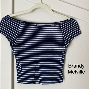 Off-the-shoulder navy and white striped top